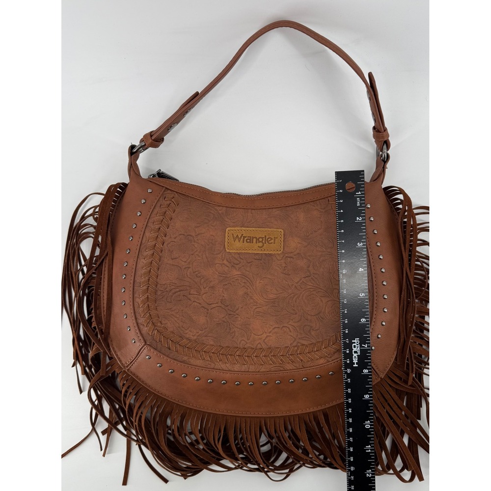 Wrangler Brown Tooled Vegan Leather Fringe Hobo Bag Western Crossbody Purse - Picture 6 of 6